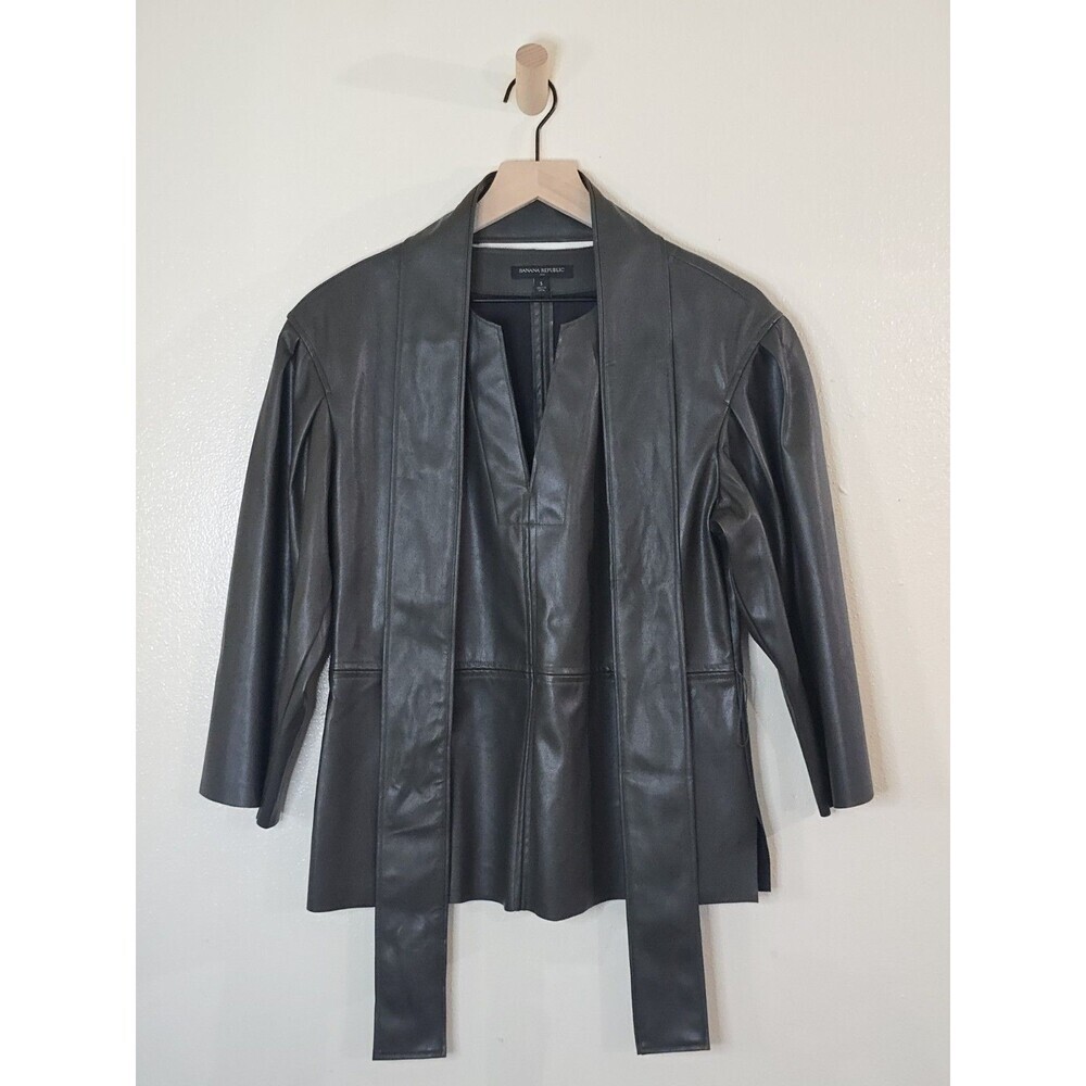Banana Republic Womens S Olive Faux Leather Belted Tunic Top 3/4 Sleeve - Picture 12 of 13